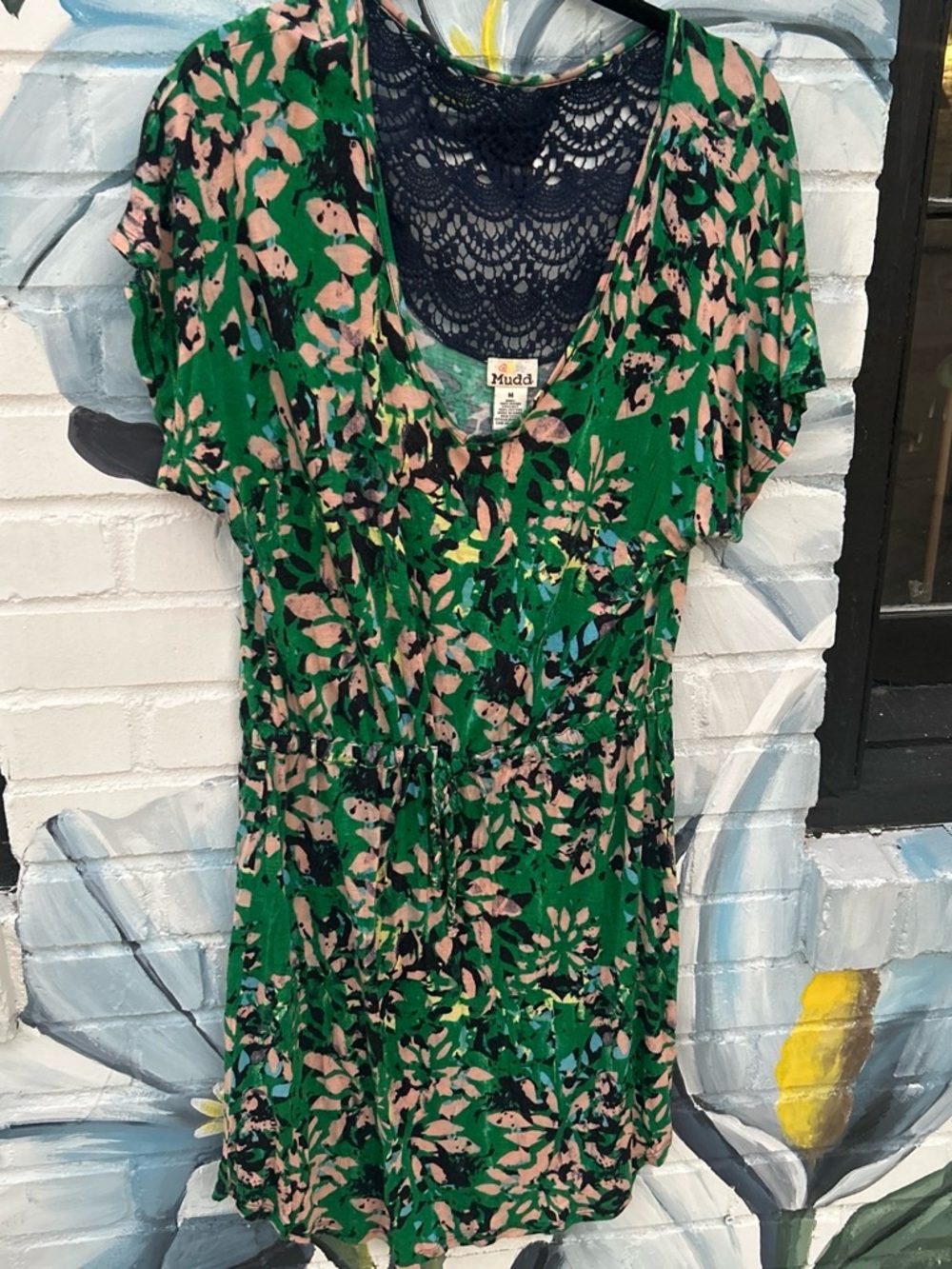 Mudd Green Floral Drawstring Mini Dress with Pink Accents